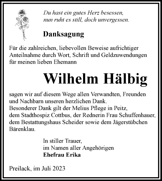 Traueranzeige von Wilhelm Hälbig von Lausitzer Rundschau