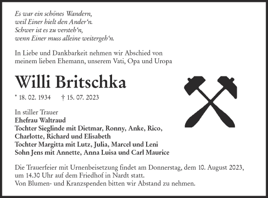 Traueranzeige von Willi Britschka von Lausitzer Rundschau