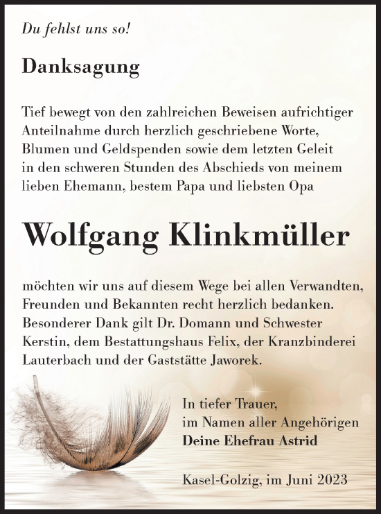 Traueranzeige von Wolfgang Klinkmüller von Lausitzer Rundschau