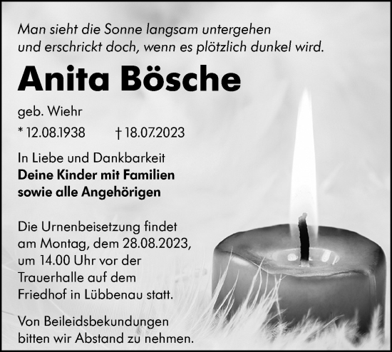 Traueranzeige von Anita Bösche von Lausitzer Rundschau