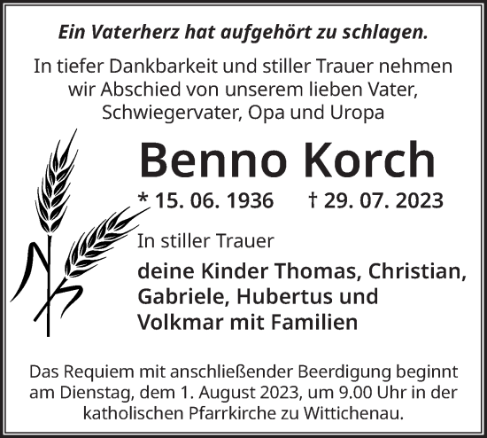 Traueranzeige von Benno Korch von Lausitzer Rundschau