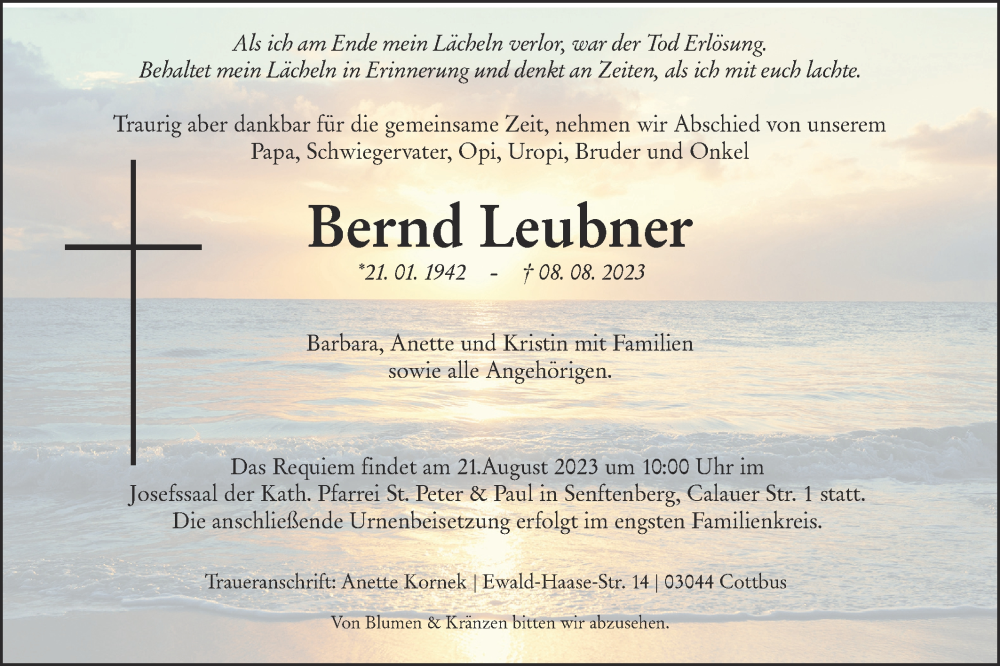  Traueranzeige für Bernd Leubner vom 12.08.2023 aus Lausitzer Rundschau