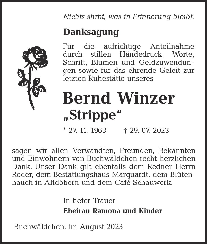  Traueranzeige für Bernd Winzer vom 26.08.2023 aus Lausitzer Rundschau