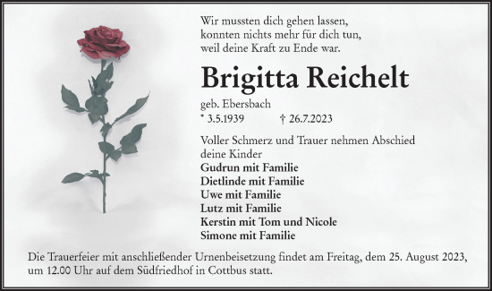 Traueranzeige von Brigitta Reichelt von Lausitzer Rundschau