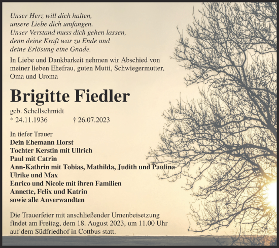 Traueranzeige von Brigitte Fiedler von Lausitzer Rundschau