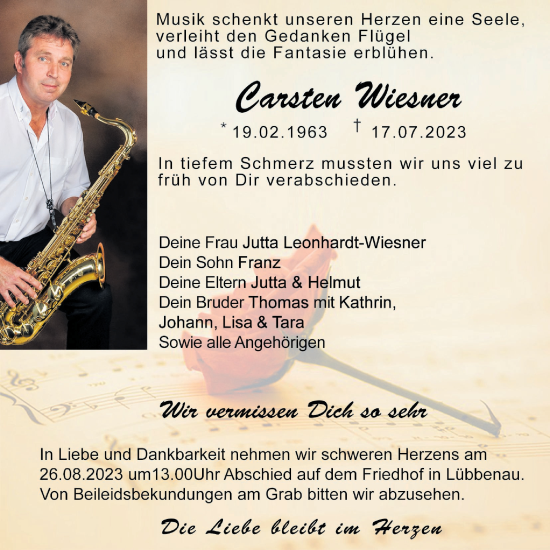 Traueranzeige von Carsten Wiesner von Lausitzer Rundschau