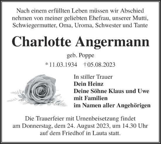 Traueranzeige von Charlotte Angermann von Lausitzer Rundschau