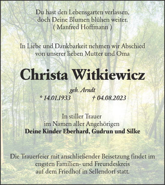 Traueranzeige von Christa Witkiewicz von Lausitzer Rundschau