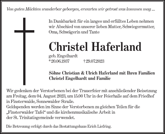 Traueranzeige von Christel Haferland von Lausitzer Rundschau