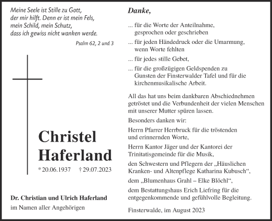 Traueranzeige von Christel Haferland von Lausitzer Rundschau