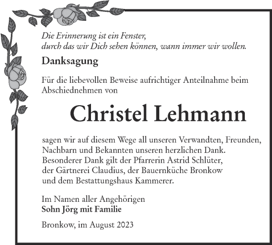 Traueranzeige von Christel Lehmann von Lausitzer Rundschau