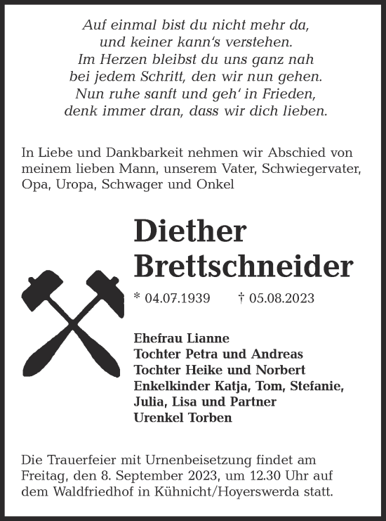 Traueranzeige von Diether Brettschneider von Lausitzer Rundschau