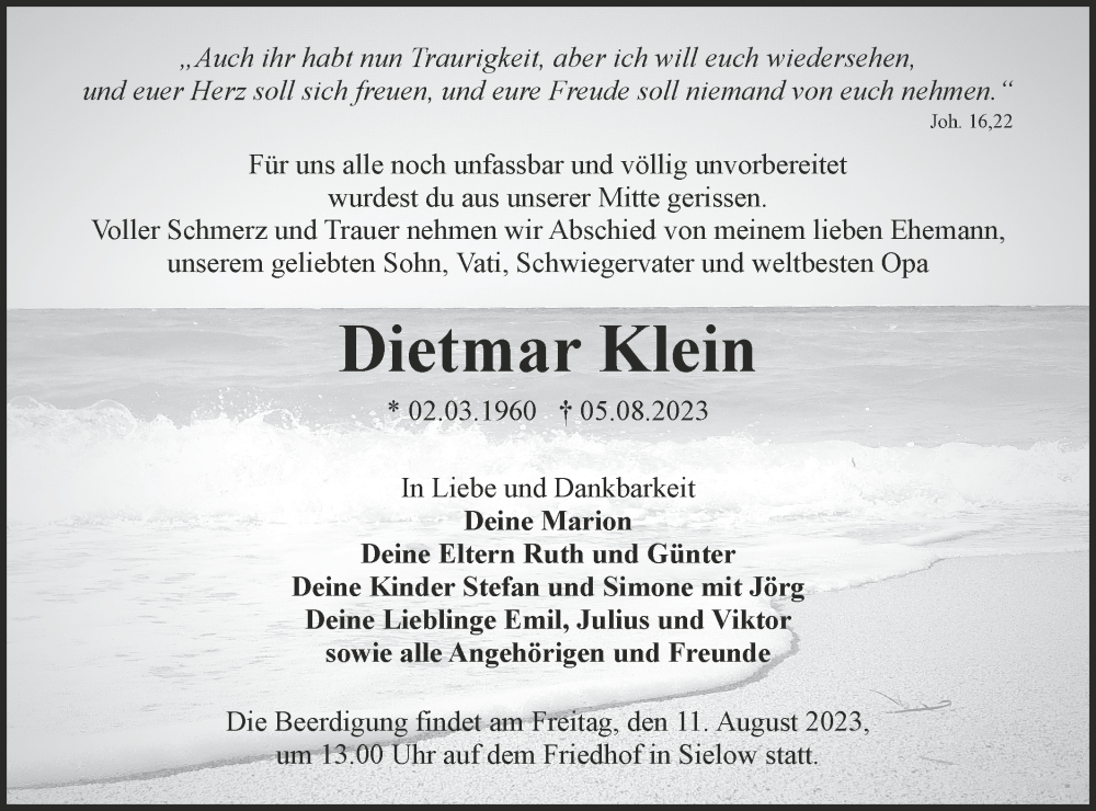  Traueranzeige für Dietmar Klein vom 09.08.2023 aus Lausitzer Rundschau