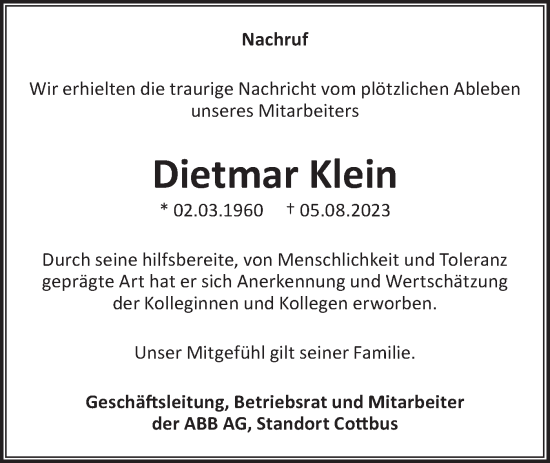 Traueranzeige von Dietmar Klein von Lausitzer Rundschau