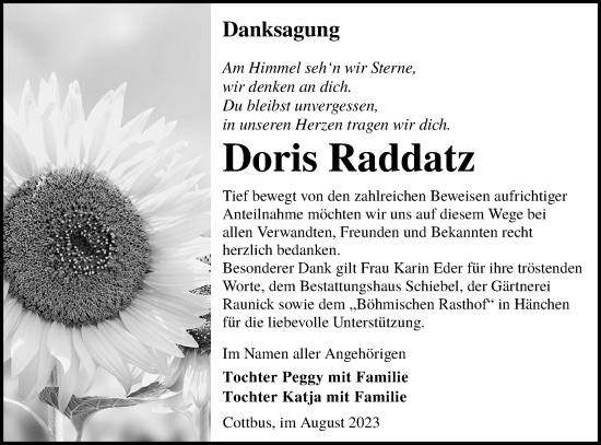 Traueranzeige von Doris Raddatz von Lausitzer Rundschau