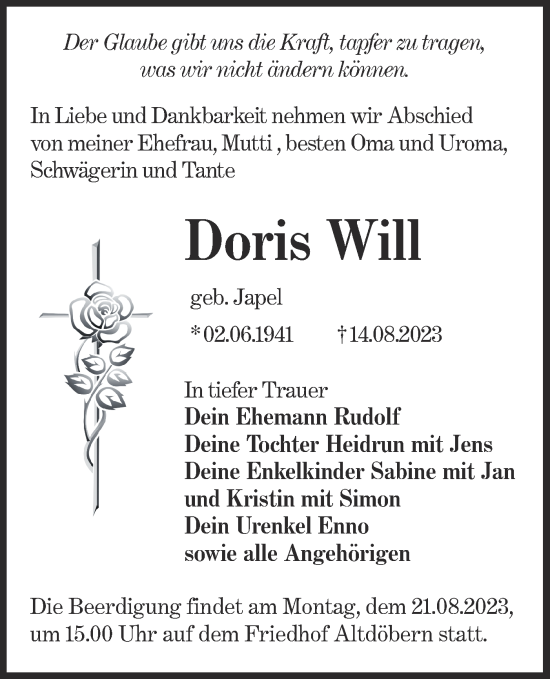 Traueranzeige von Doris Will von Lausitzer Rundschau