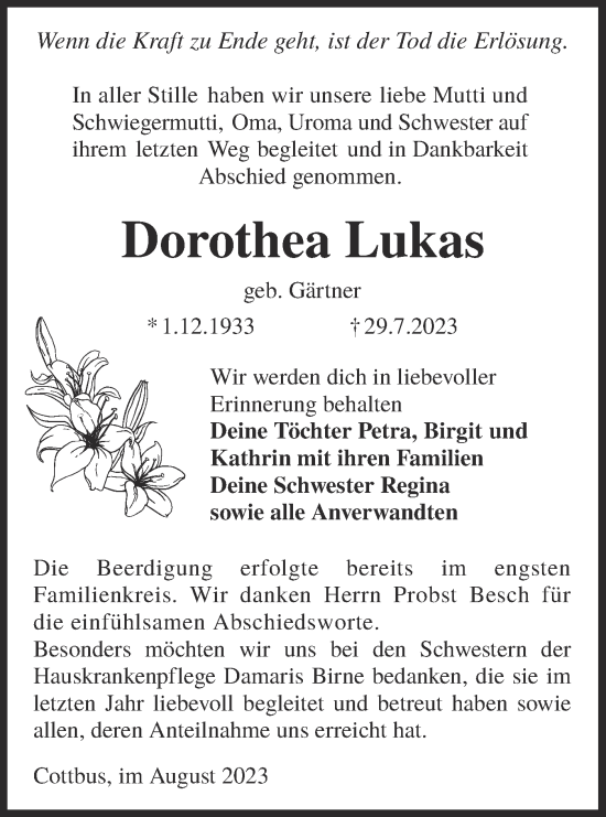 Traueranzeige von Dorothea Lukas von Lausitzer Rundschau