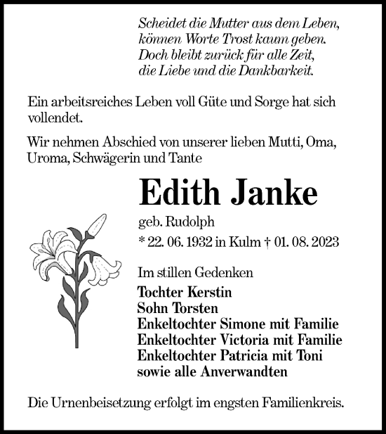 Traueranzeige von Edith Janke von Lausitzer Rundschau