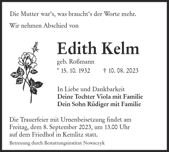 Traueranzeige von Edith Kelm von Lausitzer Rundschau