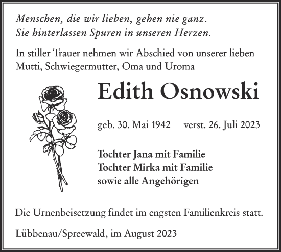 Traueranzeige von Edith Osnowski von Lausitzer Rundschau