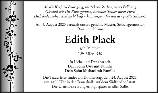 Traueranzeige von Edith Plack von Lausitzer Rundschau