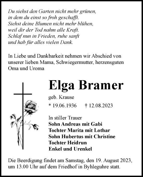 Traueranzeige von Elga Bramer von Lausitzer Rundschau