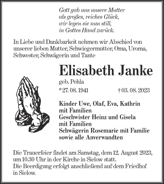 Traueranzeige von Elisabeth Janke von Lausitzer Rundschau