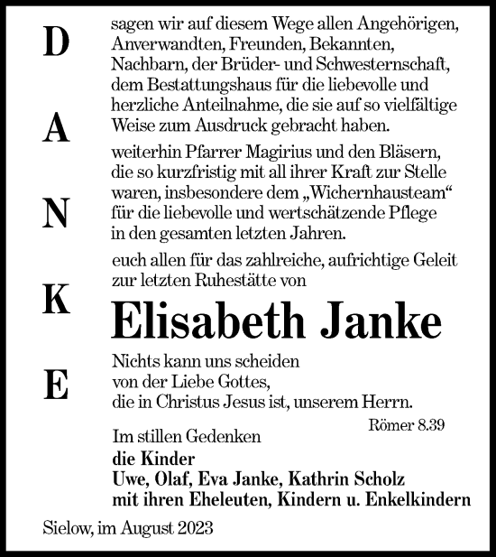 Traueranzeige von Elisabeth Janke von Lausitzer Rundschau