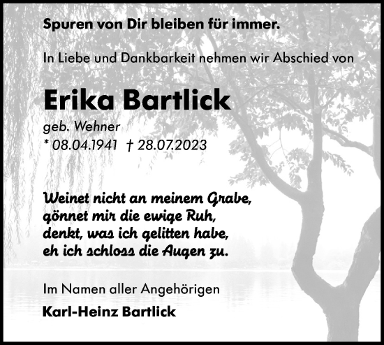 Traueranzeige von Erika Bartlic von Lausitzer Rundschau