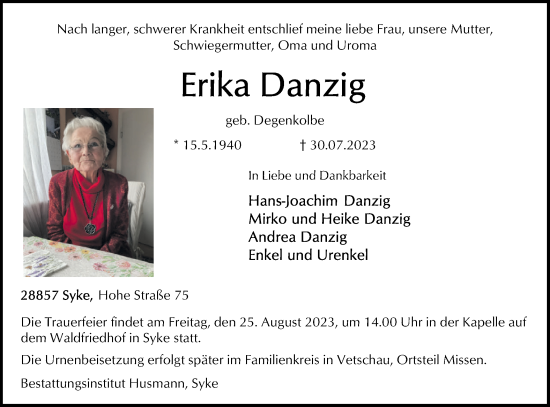 Traueranzeige von Erika Danzig von Lausitzer Rundschau