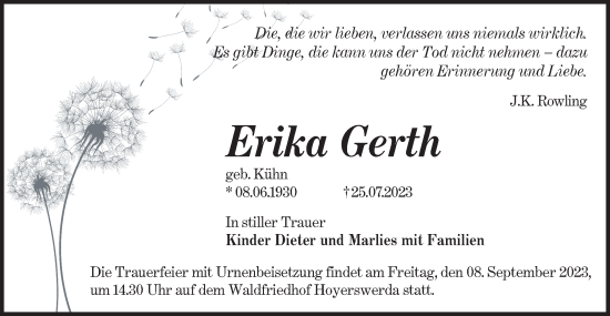 Traueranzeige von Erika Gerth von Lausitzer Rundschau