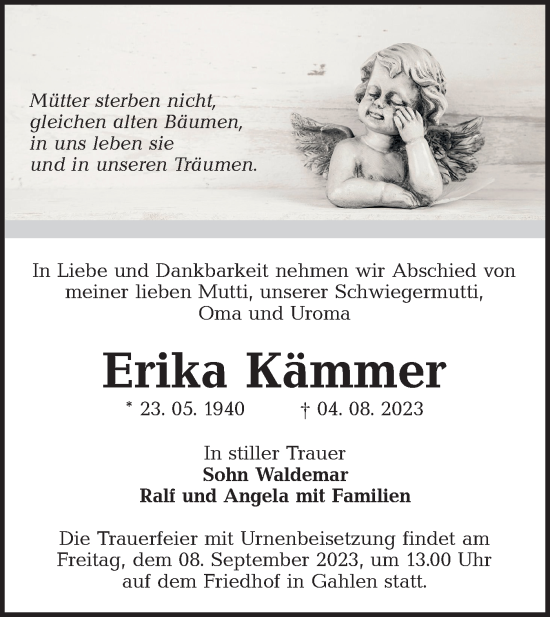 Traueranzeige von Erika Kämmer von Lausitzer Rundschau