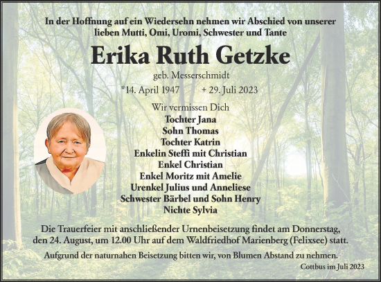 Traueranzeige von Erika Ruth Getzke von Lausitzer Rundschau