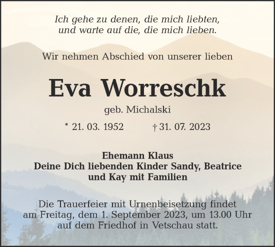 Traueranzeige von Eva Worreschk von Lausitzer Rundschau