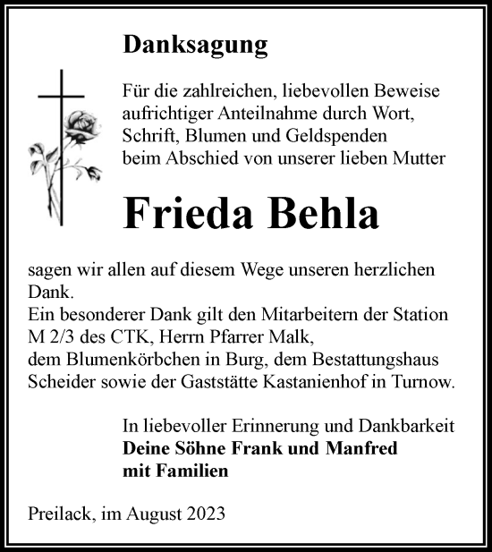 Traueranzeige von Frieda  Behla von Lausitzer Rundschau