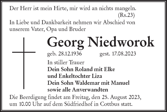 Traueranzeige von Georg Niedworok von Lausitzer Rundschau