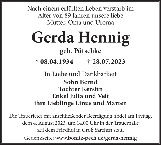 Traueranzeige von Gerda Hennig von Lausitzer Rundschau