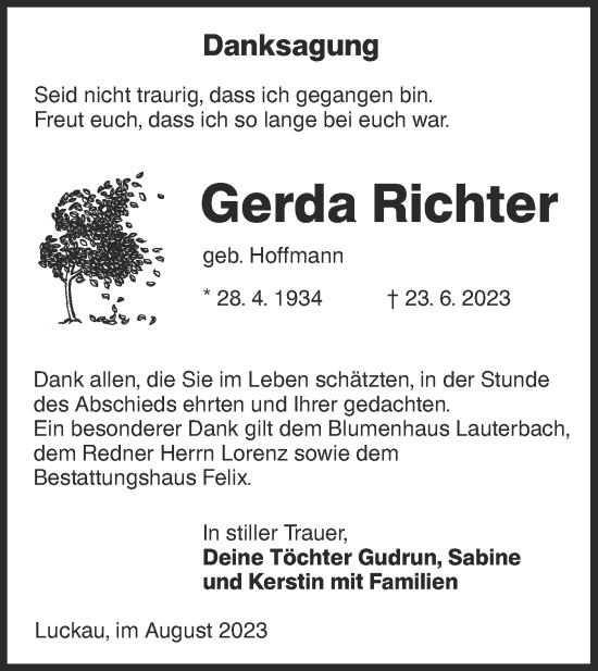 Traueranzeige von Gerda Richter von Lausitzer Rundschau