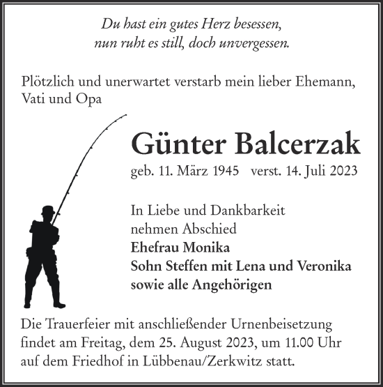 Traueranzeige von Günter Balcerzak von Lausitzer Rundschau