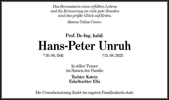 Traueranzeige von Hans-Peter Unruh von Lausitzer Rundschau