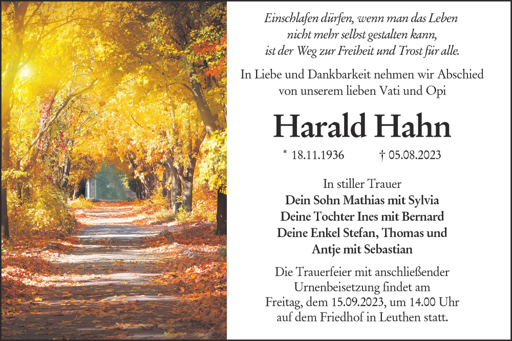  Traueranzeige für Harald Hahn vom 26.08.2023 aus Lausitzer Rundschau