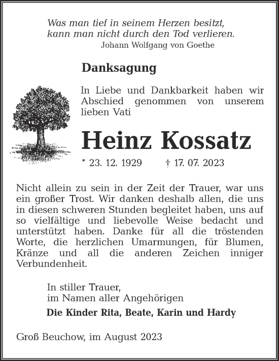 Traueranzeige von Heinz Kossatz von Lausitzer Rundschau