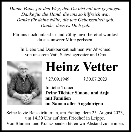 Traueranzeige von Heinz Vetter von Lausitzer Rundschau