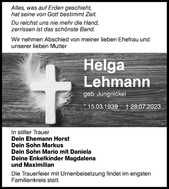 Traueranzeige von Helga Lehmann von Lausitzer Rundschau