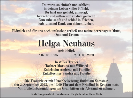 Traueranzeige von Helga Neuhaus von Lausitzer Rundschau