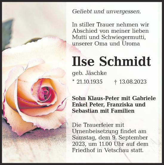 Traueranzeige von Ilse Schmidt von Lausitzer Rundschau