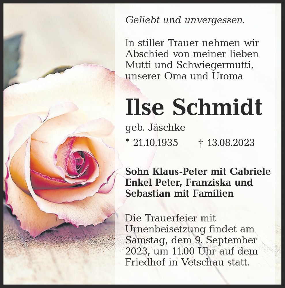  Traueranzeige für Ilse Schmidt vom 26.08.2023 aus Lausitzer Rundschau