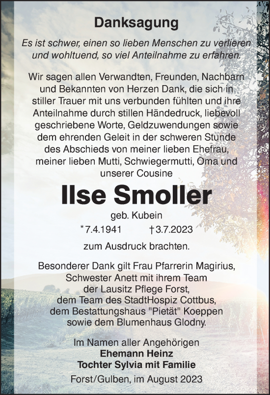 Traueranzeige von Ilse Smoller von Lausitzer Rundschau