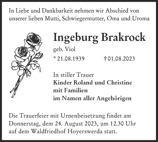 Traueranzeige von Ingeburg Brakrock von Lausitzer Rundschau