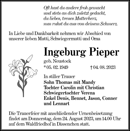 Traueranzeige von Ingeburg Pieper von Lausitzer Rundschau